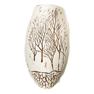 Vintage Tenmoku Handmade Incised Pottery Brown Trees Roots in Ground Vase For Sale