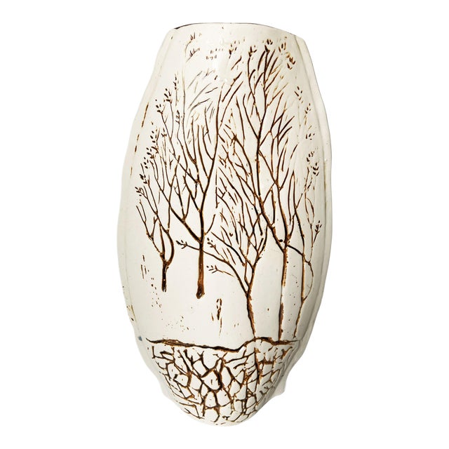 Vintage Tenmoku Handmade Incised Pottery Brown Trees Roots in Ground Vase For Sale