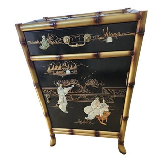 Vintage Asian Black Laquer End Table Hand Painted With Carved Mother of Pearl Figures For Sale