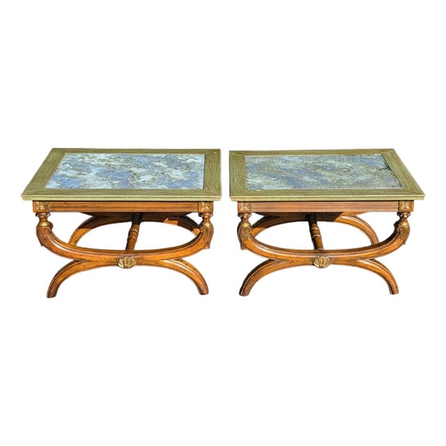 19th Century Pair of 19th Century Neoclassical Style Reverse Painted Glass Top Curule Base Cocktail/Side Tables For Sale - Image 5 of 9