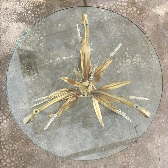 Gold Vintage Gilt Sheaf of Wheat Side Tables With Round Glass Tops, a Pair For Sale - Image 8 of 9