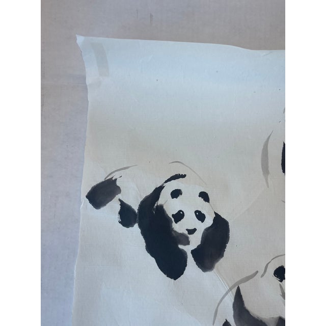 1970s Vintage Chinese-Style Ink Painting of Pandas on Rice Paper, Signed j.r Gaston. For Sale - Image 5 of 9