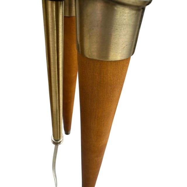 Brown Set of Two 1970s Mid-Century Modern Wood Tripod Lamp Gold Accents For Sale - Image 8 of 12