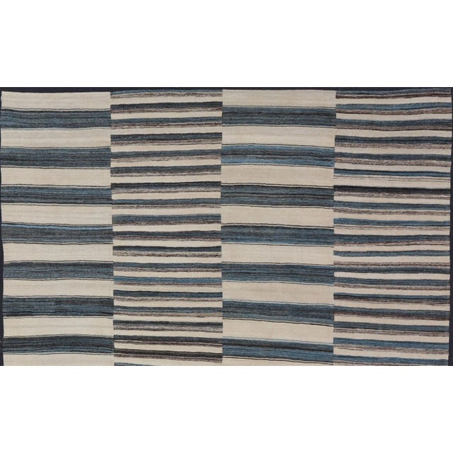Modern Flat-Weave Kilim Rug With Classic Stripe Design in Blue, Cream, Brown For Sale - Image 3 of 11