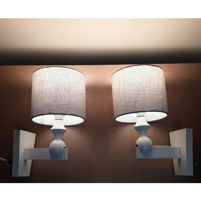 Vintage Wall Lights in White Painted Beech & Gray Fabric, 1970s, Set of 2 For Sale - Image 4 of 7