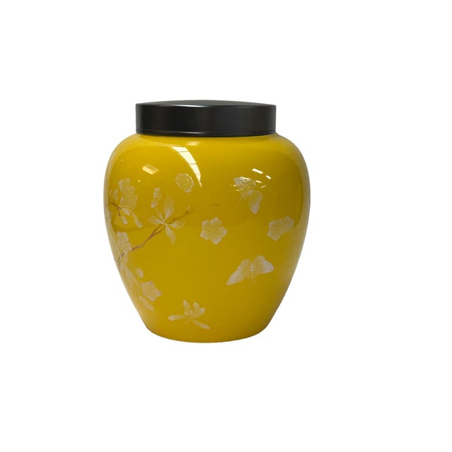 Asian Bright Yellow White Floral Peonies Butterflies Bulbous Porcelain Metal Lid Jar For Sale - Image 3 of 8