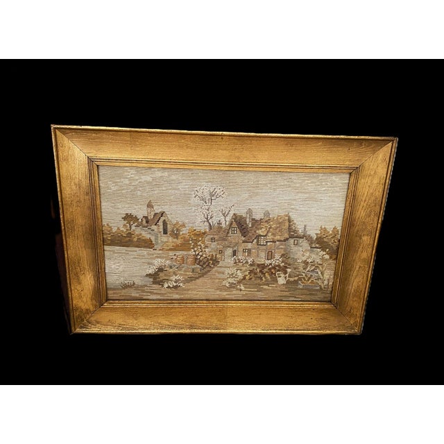 C1900 Florentine Gilt Wood Framed Intricate Needlepoint-Pastoral Village 17x12 For Sale - Image 13 of 17