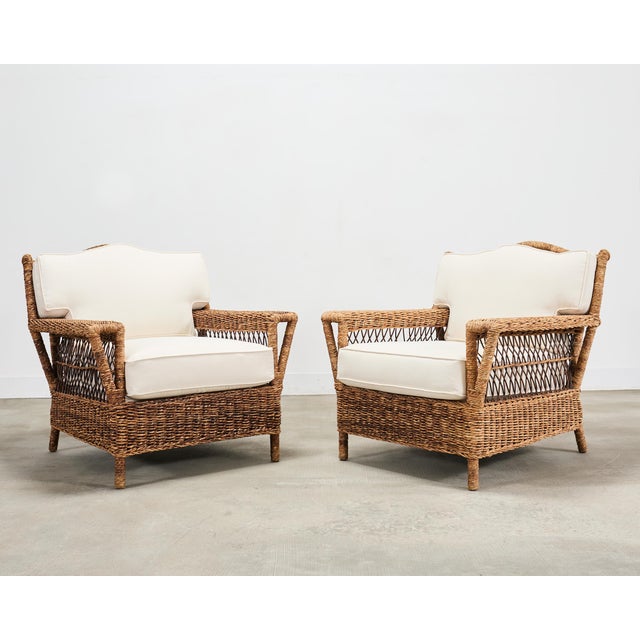 Late 20th Century Pair of Ralph Lauren Organic Wicker Rope Armchairs + Ottoman For Sale - Image 5 of 18
