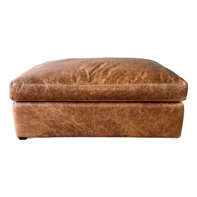 Restoration Hardware English Classic Leather Ottoman For Sale