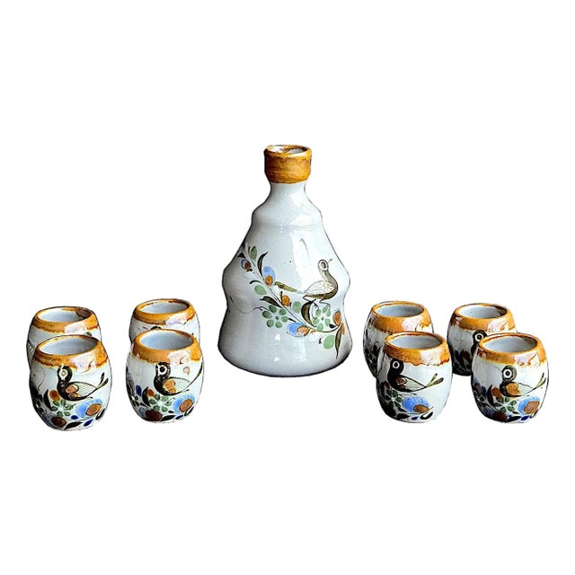 Vintage Tonalá Mexico Ceramic Decanter and Shot Cups, 9 Pieces For Sale