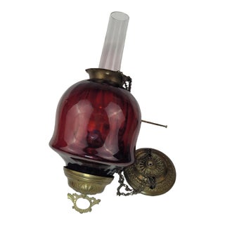 Antique Ruby Red Glass Hanging Oil Lamp Macbeth Pearl Glass Chimney Brass Trim For Sale