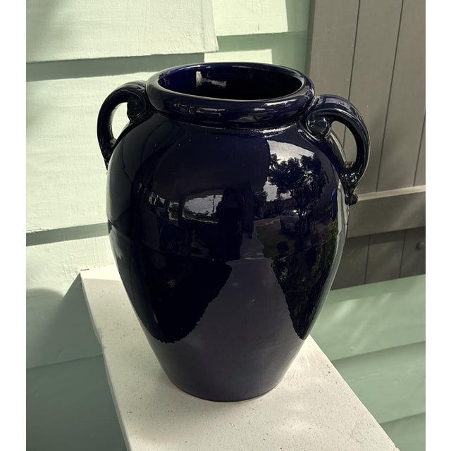Ceramic Vintage Cobalt Blue Floor Handled Vase For Sale - Image 7 of 8