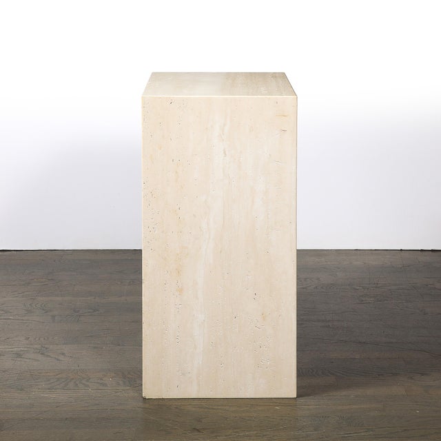 Beige Mid-Century Modernist Rectilinear Minimal Travertine Pedestal For Sale - Image 8 of 11