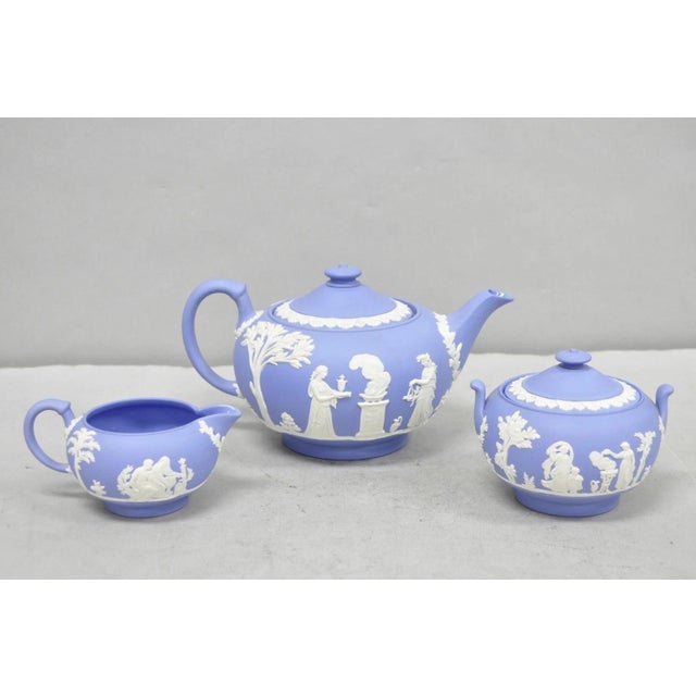 Antique Wedgwood Blue Jasperware Tea Set W/ Tea Pot Creamer Sugar Bowl 3 Pc Set For Sale - Image 15 of 15
