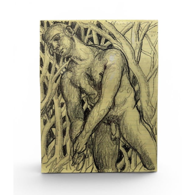 Original charcoal and graphite drawing on yellow paper by internationally recognized Argentinian-born artist Ricardo...