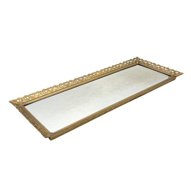 French Provincial Vintage Hollywood Regency Gold-Tone Filigree Mirrored Vanity Tray - Ornate Filigree Edge – Glam / Rococo Revival / Mid-Century For Sale - Image 3 of 13