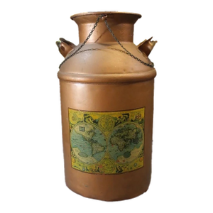 Vintage 1960's American Copper Tone Metal Old World Map Motif Milk Can