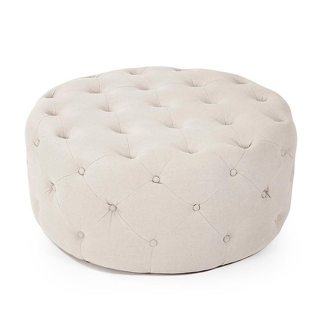 Round Tufted Ottoman - Natural Linen For Sale - Image 4 of 4