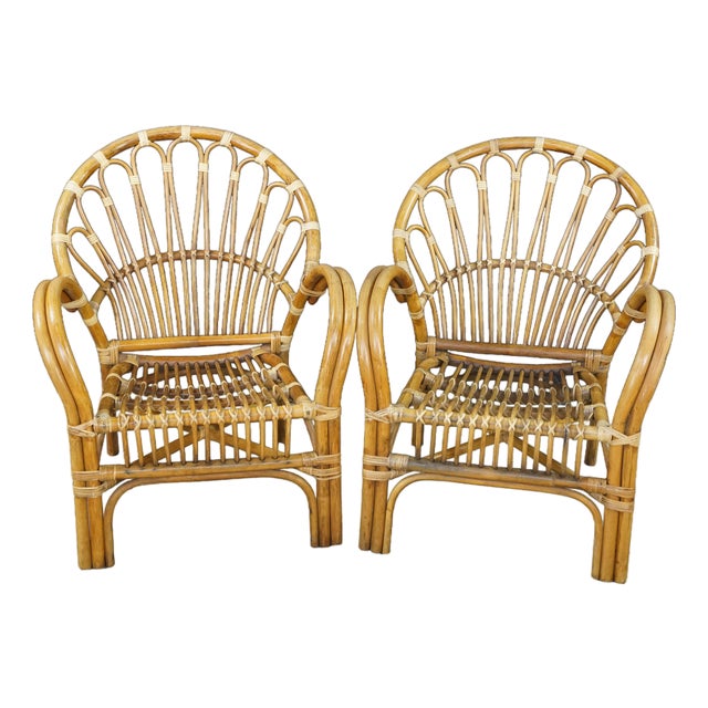 Pair Mid Century Modern Rattan Bamboo Armchairs Boho Sunburst Fan Back Chairs For Sale