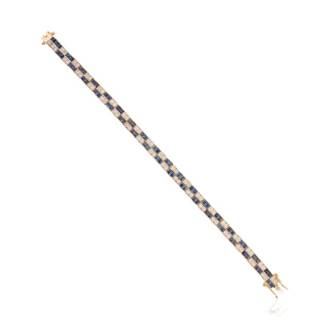 Art Deco Vintage Style 6.01 Ct Sapphire & 1.98 Ct Diamond Tennis Bracelet 14k Yellow Gold For Sale - Image 3 of 12