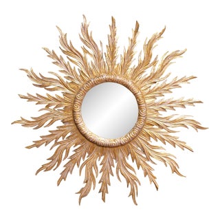 Mid-Century French Carved Sunburst Mirror With Gilt Finish For Sale