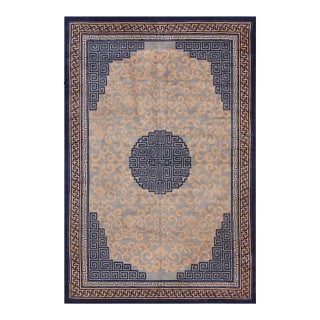 1960s Sky Blue Medallion Greek Key Vintage Chinese Peking Rug 6'8" X 9'6" Knotted Wool Carpet For Sale