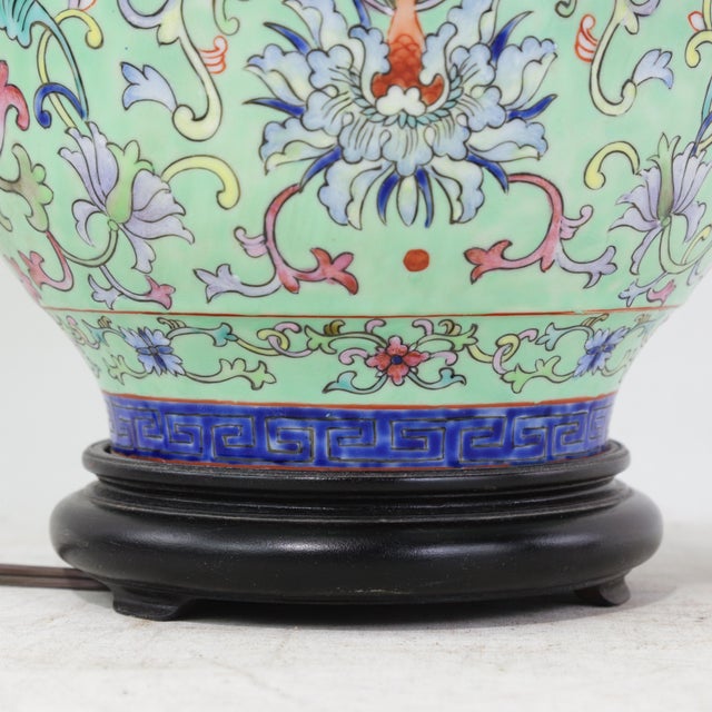 Vintage Chinese Famille Rose Lime Green Porcelain Vase Lamp With Lotus and Peony Scrollwork For Sale - Image 10 of 16