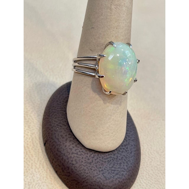 2020s 8 Carat Oval Shape Opal Cocktail Ring 14 Karat White Gold, Estate, Size 3 For Sale - Image 5 of 8
