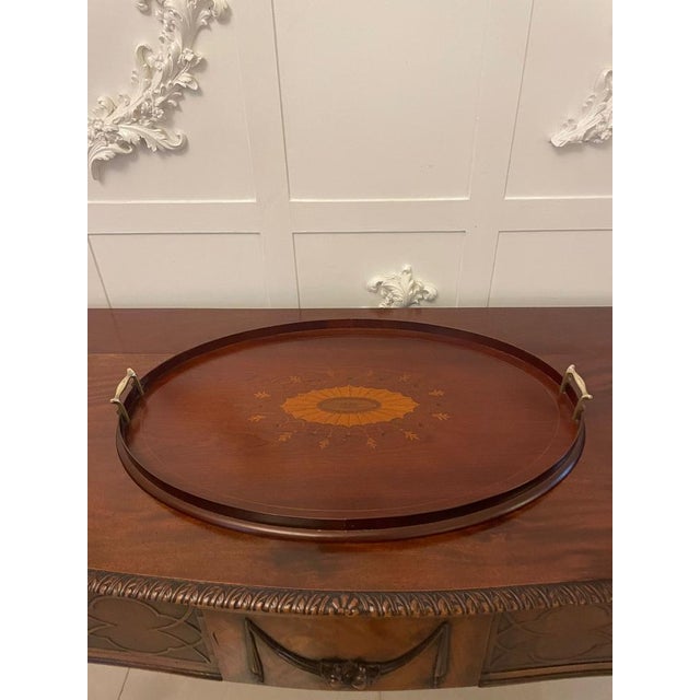 Wood Edwardian Mahogany Inlaid Oval Tea Tray, 1900s For Sale - Image 7 of 12