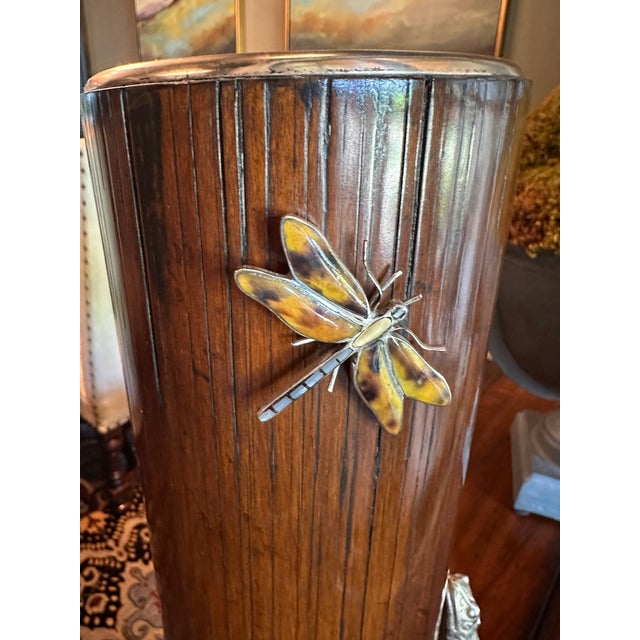 Set of 4 Bamboo Cylinder Vases With Silver Plate Frog, Dragonfly & Grass Accents For Sale - Image 4 of 8