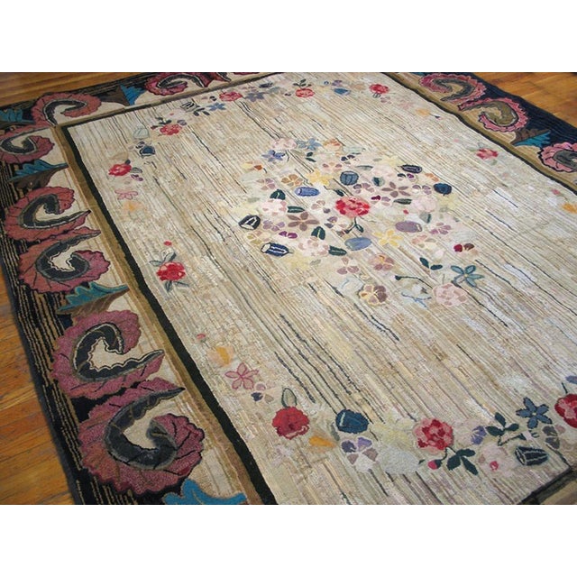 American Wonderful Ivory Background Color With Dynamic Florid Design Antique American Hooked Rug For Sale - Image 3 of 4
