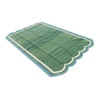 Handmade Cotton Natural Vegetable Dyed Scalloped Green Rug- 5'x8' For Sale