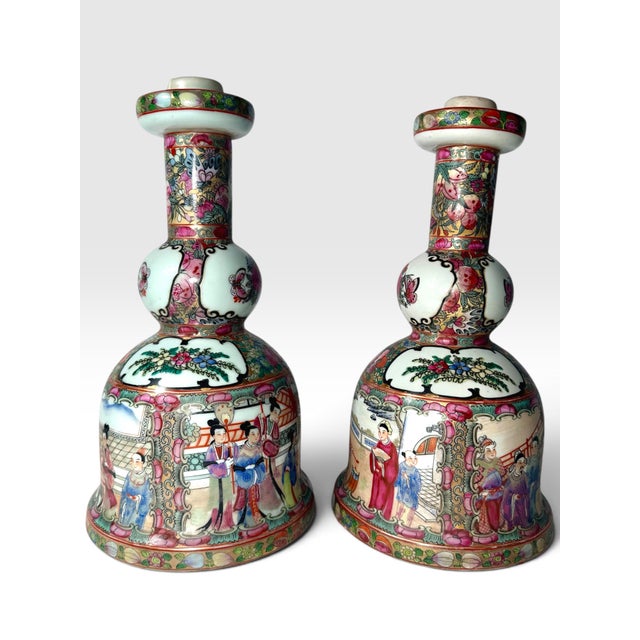 Fine Pair of Meiji Period Chinese Export Rose Medallion Porcelain Candlesticks. A pair of Chinese Export Famille Rose...