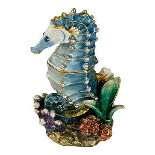 1970s Gorgeous Enamelled Brass With Swarovski Crystals Seahorse Figurine Box For Sale