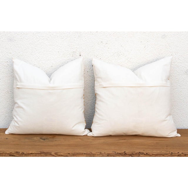 White Pair of Gold & White Medallion Suzani Pillow Covers For Sale - Image 8 of 9