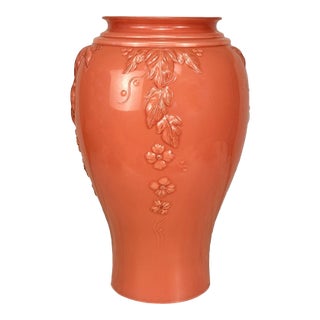 Vintage Art Nouveau Floral Vine Embossed Rose Pink Glass Vase - 16" For Sale