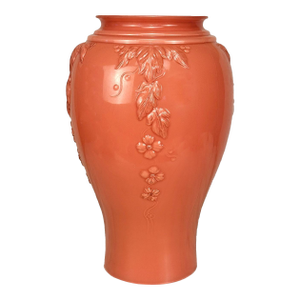 Vintage Art Nouveau Floral Vine Embossed Rose Pink Glass Vase - 16"