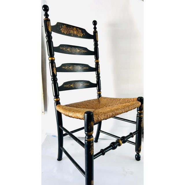 Black L. Hitchcock Rush Seat, Stenciled Ladder Back Dining Chair c.1980. For Sale - Image 8 of 12