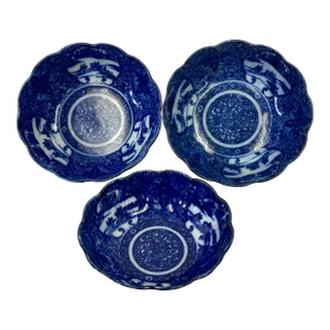 Antique Set of 3 Blue and White Porcelain Asian Bowls - Circa 1900