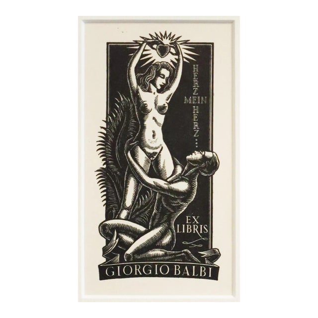 1950's Italian Engraving Bookplate (Ex Libris), Herz Men Herz (Matted) For Sale