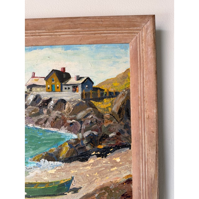 Blue Vintage Impressionist Coastal Harbor Oil Painting on Canvas - Framed For Sale - Image 8 of 18