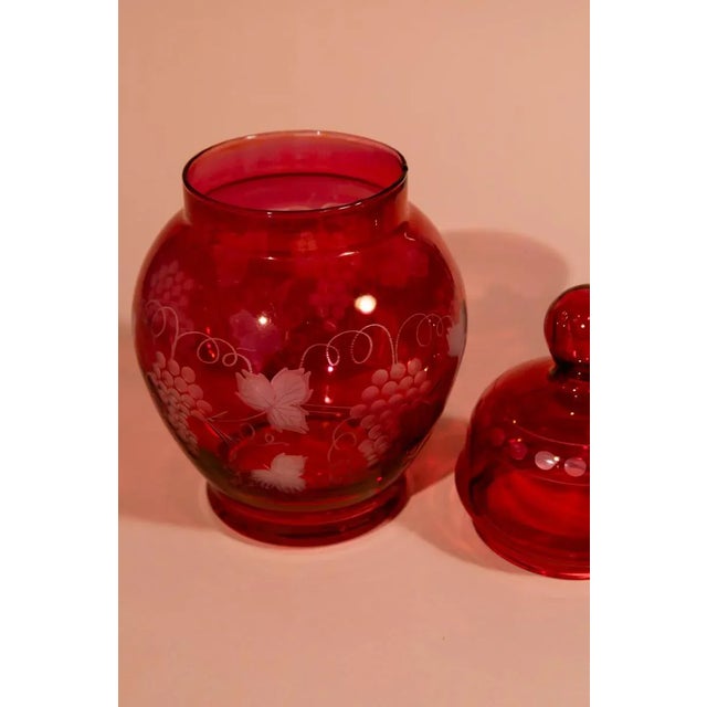 Glass Vintage Pink Decorative Jar With Vine Pattern For Sale - Image 7 of 8