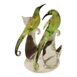 Rare Pair Vintage Formia Murano Glass Birds of Paradise – Green/ Gold Aventurine For Sale