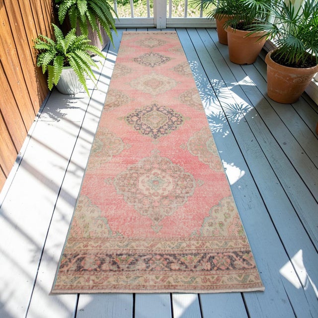 Long Turkish Hallway Runner 3x13, Muted Pink and Green Oushak Rug, Hand Knotted Vintage Runner, Mid-Century Entryway Rug For Sale - Image 6 of 15