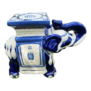 Blue and White Chinoiserie Elephant Garden Stool Hand Painted British Colonial