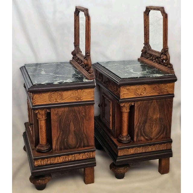 Pair of Italian Burl Walnut Nightstands With Green Marble Tops & Mirrors 1930s For Sale - Image 4 of 18