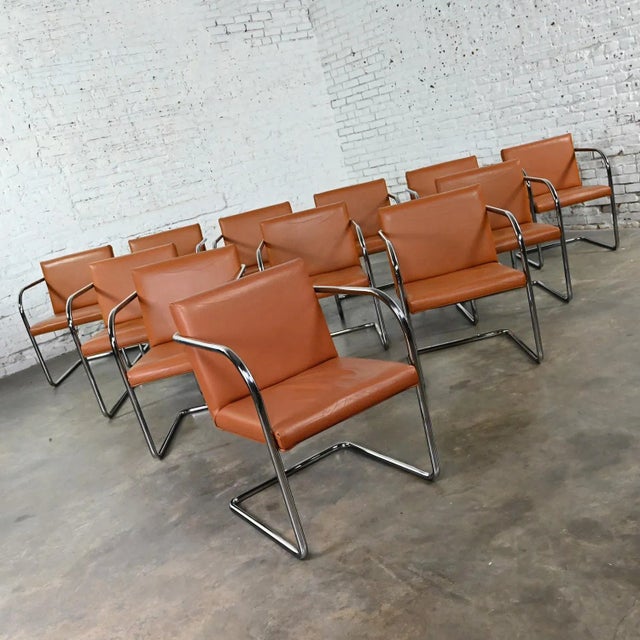 Thonet Late 20th to Early 21st Century Thonet Bauhaus Brno Style Chairs Chrome & Cognac Leather Cantilever Set of 12 For Sale - Image 4 of 13