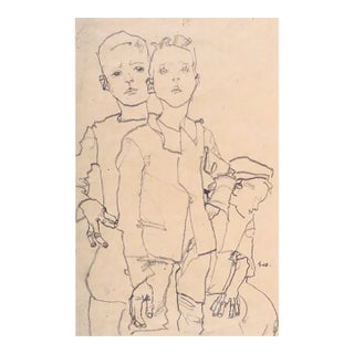 Schiele Lithograph 8 Group of Three Boys 1968 For Sale