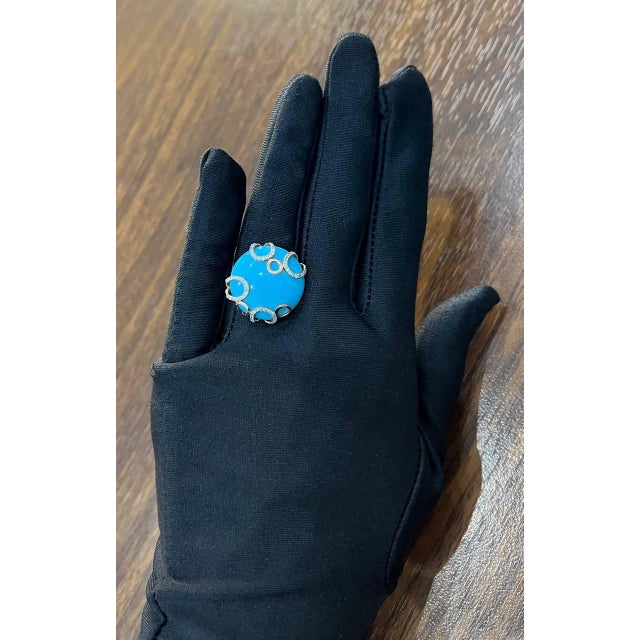 Round Blue Teal Turquoise Diamond Swirl Scroll 14k Yellow Gold Cocktail Ring, Size 3 For Sale - Image 13 of 14