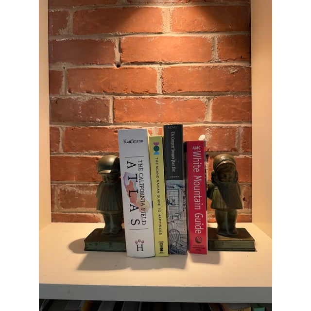 Early 20th Century Antique Bronze-Clad Boy & Girl Figural Bookends, Verdigris Patina, C. 1920s, Sold as a Pair For Sale - Image 5 of 10